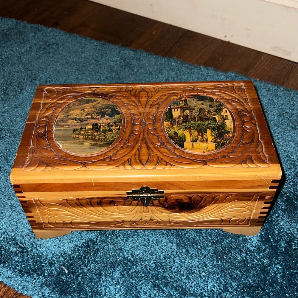 Vintage 1930s Cedar Carved Wood Mediterranean Jewelry Box with Mirror